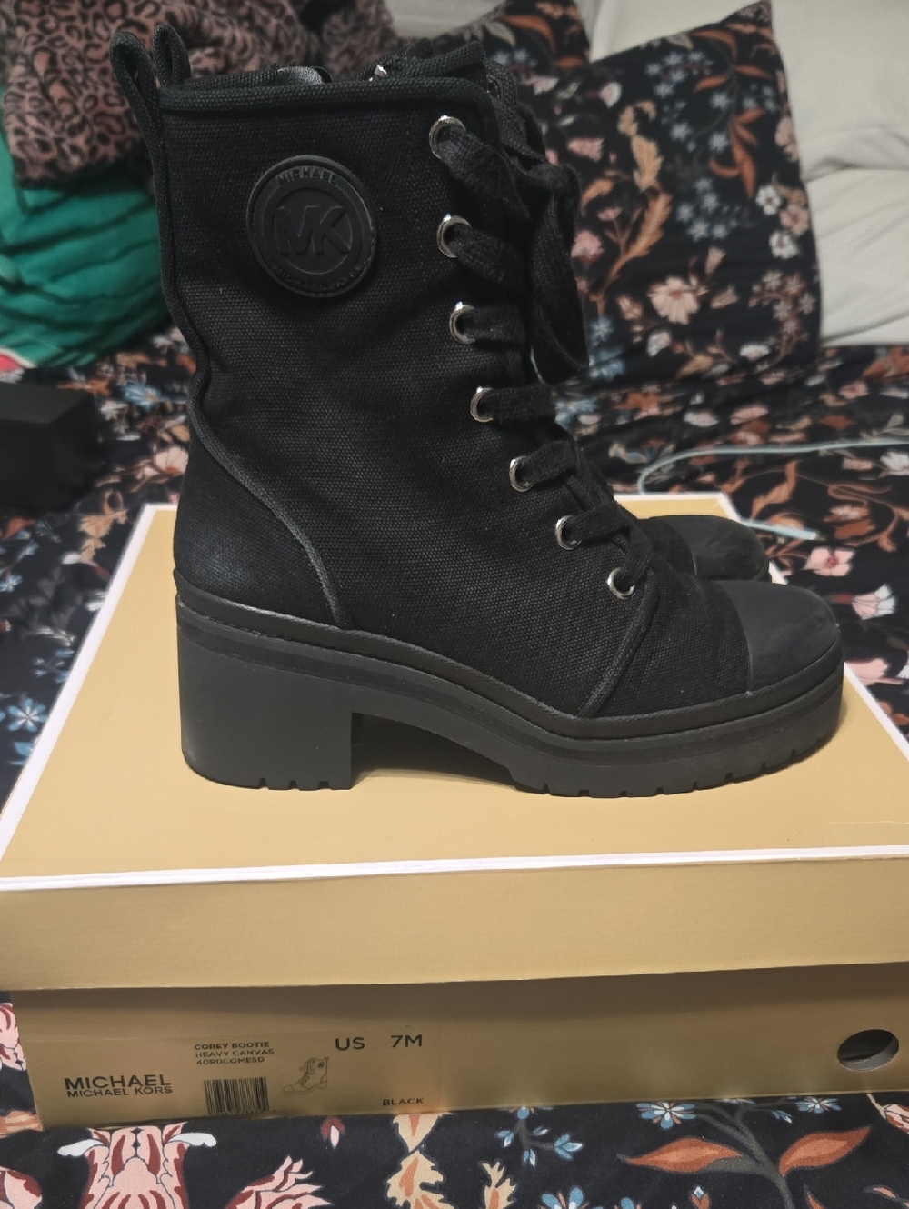 Michael Kors Black Lace-Up Canvas Lug Heel Boots